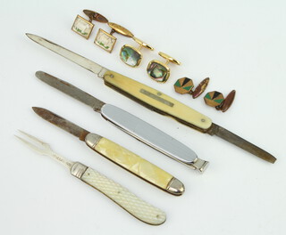 A Victorian folding silver fork with mother of pearl grip Sheffield 1842, folding pocket knife with simulated mother of pearl grip by Richards, a J K Bawden 3 bladed folding pocket knife (2 blades f), a Richards pipe smoker's pocket knife and a collection of cufflinks 