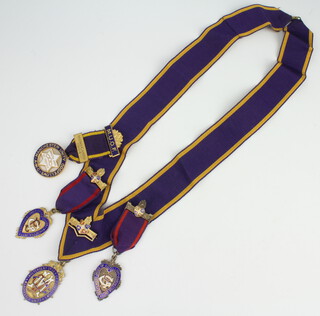 A silver and enamelled Ancient Order of Oddfellows collar jewel together with 2 silver and enamelled jewels and a gilt jewel 