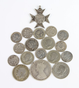 A silver school attendance medal together with a collection of minor silver UK coins, 51 grams 