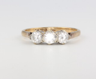 A 9ct yellow gold 3 stone paste ring, 2.9 grams, size Q 1/2