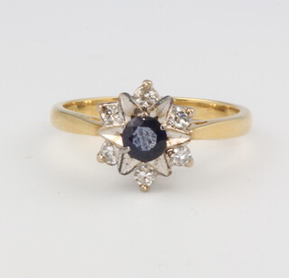 An 18ct yellow gold sapphire and diamond cluster ring size L, 3.4 grams