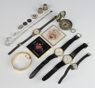 A pocket compass, a silver thimble, gilt metal bracelet, a lady's Oris wristwatch and minor costume jewellery 