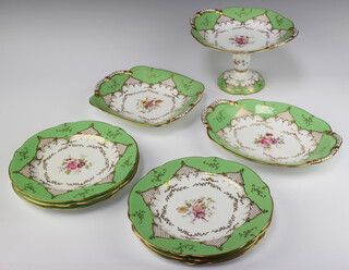 A Coalport 8 piece dessert service with twin handled comport, a boat shaped dish, square twin handled dish (some rubbing) and 6 plates