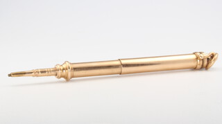 A 9ct yellow gold propelling pencil with hardstone end 17.4 grams gross, 10cm  