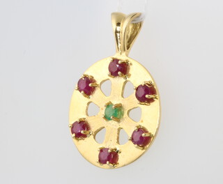 An 18ct yellow gold ruby and emerald pendant, 9.8 grams