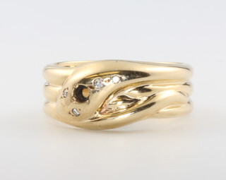 A 9ct yellow gold diamond set snake ring size V, 10 grams