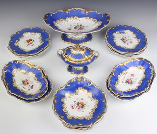A 16 piece Spode Felspar porcelain blue, gilt and floral patterned porcelain dessert service comprising boat shaped comport 35cm, twin handled tureen and cover 13cm, 2 pairs of boat shaped dishes, 2 leaf shaped dishes 22cm, 8 plates (bases marked 4518) 