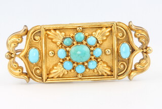 An Edwardian 15ct yellow gold turquoise set Etruscan style brooch 10.5 grams 