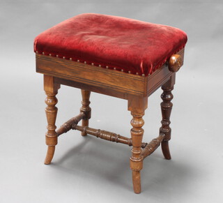 A Victorian rectangular rosewood adjustable piano stool with overstuffed seat, raised on turned supports with H framed stretcher 51cm x 43cm x 36cm 
