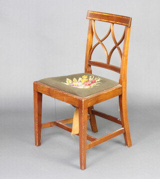 An Edwardian Georgian style inlaid mahogany bar back dining chair with tracery back, Berlin woolwork drop in seat, raised on square tapered supports 