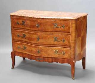 A Continental inlaid Kingwood commode of serpentine outline with pink veined marble top, raised on cabriole supports with gilt ormolu handles and mounts 84cm h x 113cm w x 51cm d  