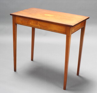 An Edwardian rectangular inlaid and crossbanded occasional table raised on square tapered supports 76cm h x 79cm w x 45cm d 