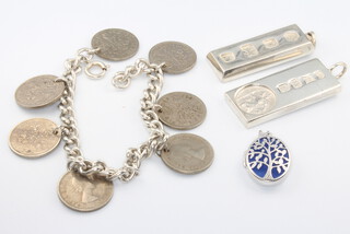 A silver bracelet and minor silver jewellery, 100 grams 