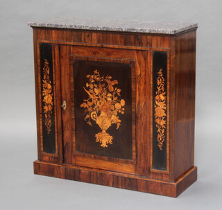 A 19th Century inlaid rosewood pier cabinet with brown veined marble top, enclosed by an inlaid panelled door decorated a vase of flowers 87cm h x 87cm w x 32cm 