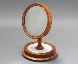 A Victorian circular plate shaving mirror raised on a turned column and circular white marble base 52cm h x 37cm diam. 