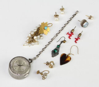 A lady's chromium cased fob watch by Reuge and minor costume jewellery
