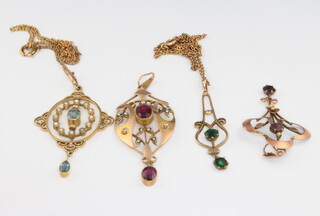 Four Edwardian yellow gold pendants and 2 gold chains, gross 12 grams