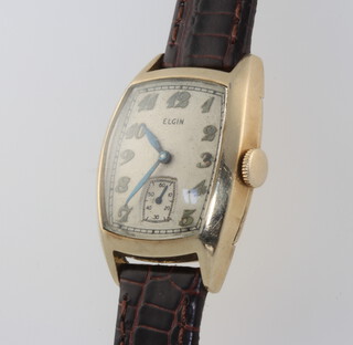 An Art Deco gold plated Elgin wristwatch with seconds at 6 o'clock on a leather strap 