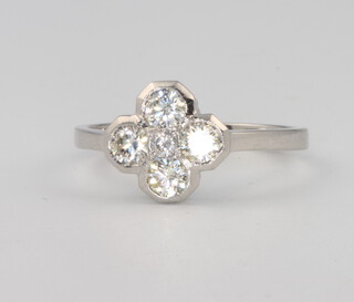 A platinum 5 stone diamond cluster ring, size O, 0.75ct 