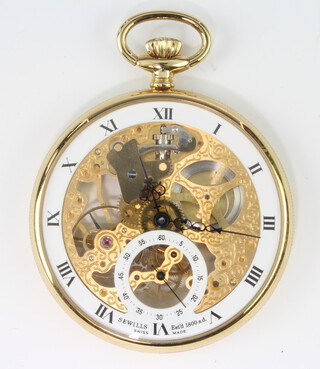 A gilt cased skeleton pocket watch, the dial inscribed Sewills 