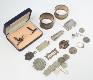 Two silver fobs, 2 silver serviette rings and costume jewellery etc 