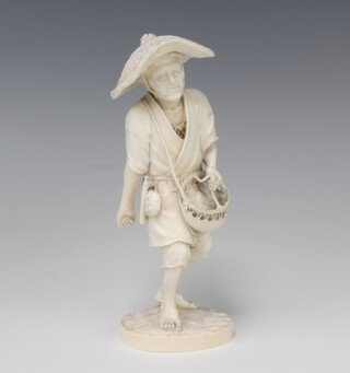 A good Japanese Meiji period carved ivory figure of a standing farmer wearing a broad brimmed hat and carrying a basket, signed, 22cm 