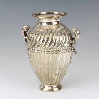 A Continental silver repousse 2 handled urn shaped vase, 232 grams, 16cm 