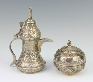 A Turkish miniature silver coffee pot together with a lidded box 230 grams 