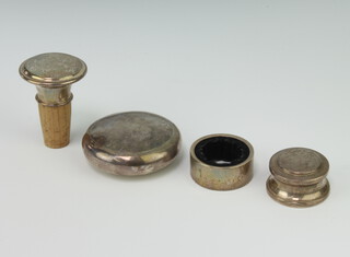 A circular silver snuff box Birmingham 1946, 56 grams and 3 mounted items 