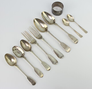 A silver napkin ring, London 1920 and minor silver spoons 250 grams 