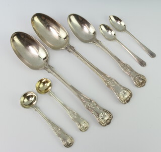 A pair of William IV silver Kings pattern table spoons and 5 other spoons, London 1836, 350 grams 