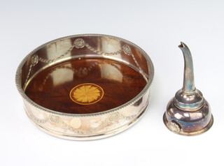 A Georgian style plated wine funnel and a plated mounted coaster with inlaid base 