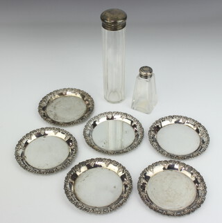 An Edwardian silver mounted toilet jar London 1910, 1 other and 6 silver plated coasters