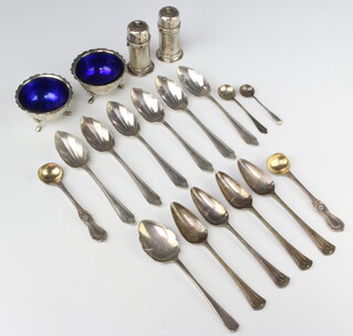 A pair of silver salts Sheffield 1912, 2 condiments and minor cutlery, 140 grams