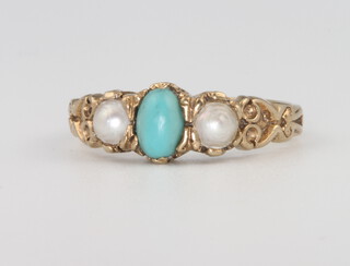 A 9ct yellow gold turquoise and seed pearl ring 2.4 grams, size P 1/2