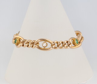 An Edwardian 15ct yellow gold emerald and diamond bracelet, gross 16 grams 