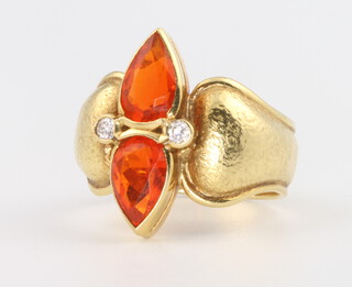 An 18ct yellow gold fire opal and diamond ring 10.7 grams, size P 