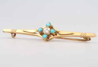 A 14ct yellow gold turquoise and seed pearl bar brooch 6.3 grams