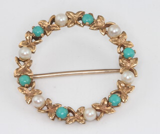 A 9ct yellow gold seed pearl and turquoise brooch 4.6 grams