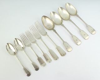 Four fiddle pattern silver plated table spoons, 2 ditto table forks, 2 pudding spoons and 2 table forks 