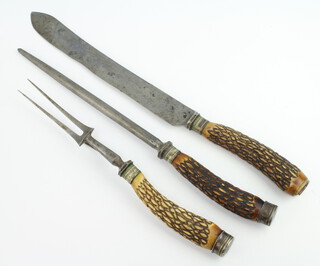 Wingfield Rowbotham, a Victorian 3 piece stag horn handled carving set with knife, fork and steel, with plated terminals (1 missing) 