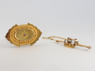 A Victorian gold diamond set etruscan brooch and enamelled bar brooch 12 grams 