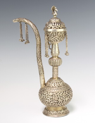 A Persian repousse silver baluster Hookah with scrolling flowers and peacock finial, 438 grams, 28cm 