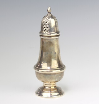A silver baluster sugar shaker, 92 grams, 15cm, marks rubbed