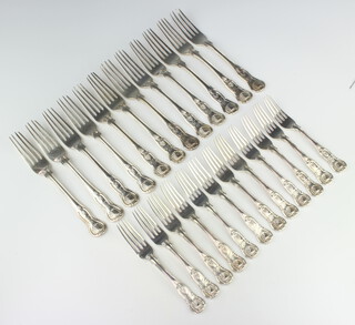 A matched canteen of George IV Kings pattern silver with chased monogram, London 1824, 27 and 28, 2036 grams, comprising 12 dessert forks and 12 dinner forks
