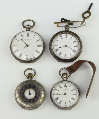 A lady's Edwardian silver half hunter fob watch and 3 other watches, 178 grams gross