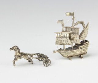 A Continental silver miniature of a ship together with parts of a chariot, 58 grams