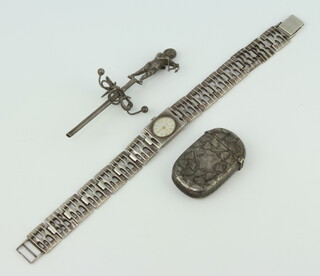 A lady's silver wristwatch and minor jewellery, 60 grams 