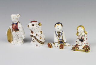 A Royal Crown Derby Imari pattern paperweight of a mouse with gold stopper 8cm, ditto standing teddybear (no stopper) 9cm, ditto Treasure of Childhood Fleur 7cm (no stopper) and Treasures of Childhood Ragdoll Sailor 7cm (no stopper and second) 