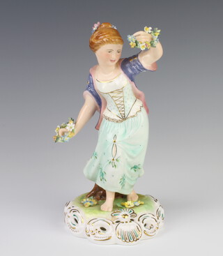 A Royal Crown Derby porcelain figure - Spring, raised on a rococo base, decorated by S P Slack, 23cm 